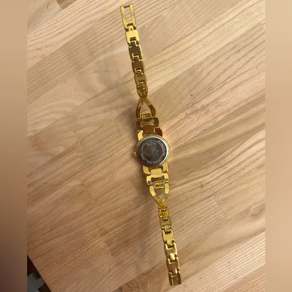 Bulova Ladies Watch Designer Gold Tone Bracelet Mother of Pearl Dial